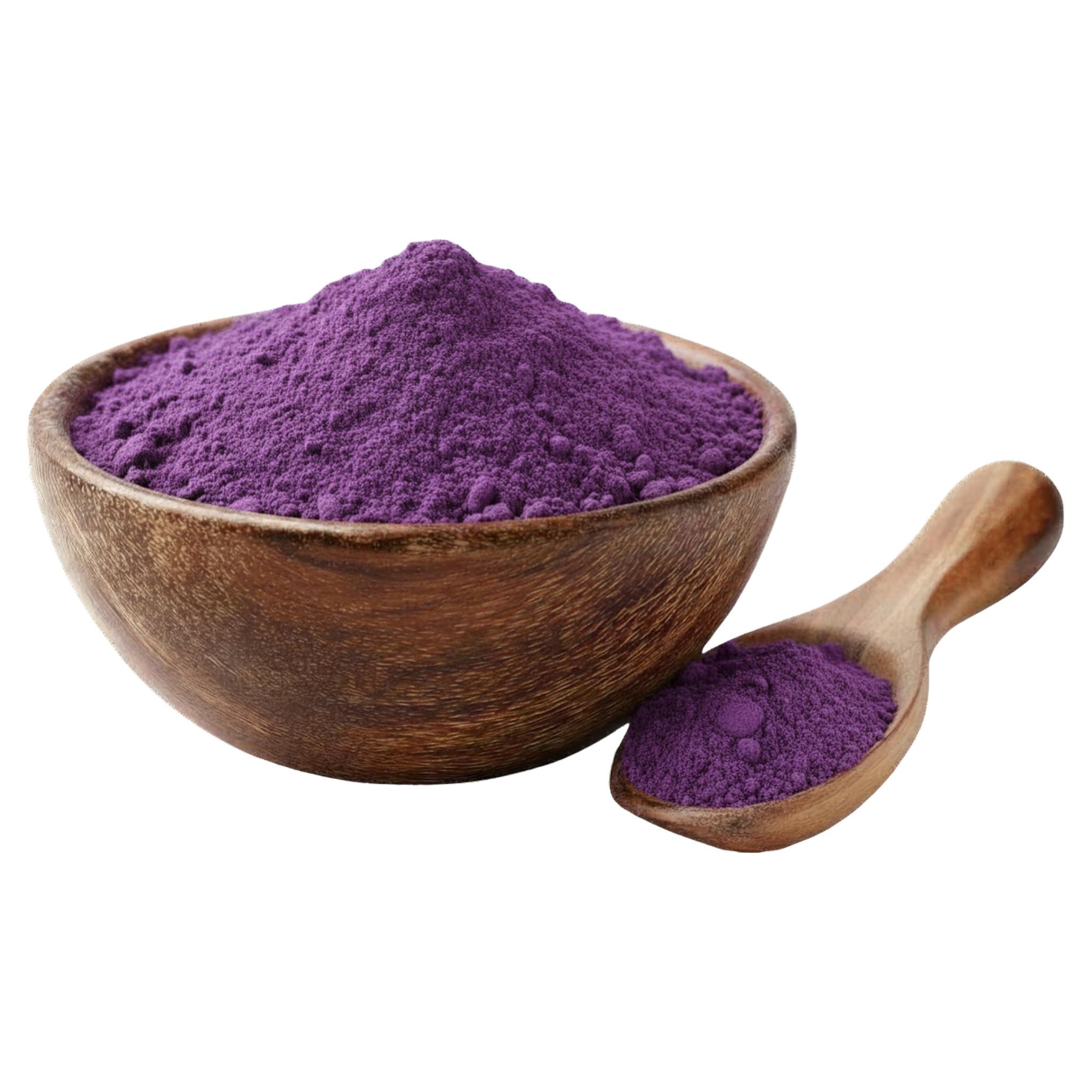 Wooden bowl and spoon filled with brazilian purple clay powder on a white background