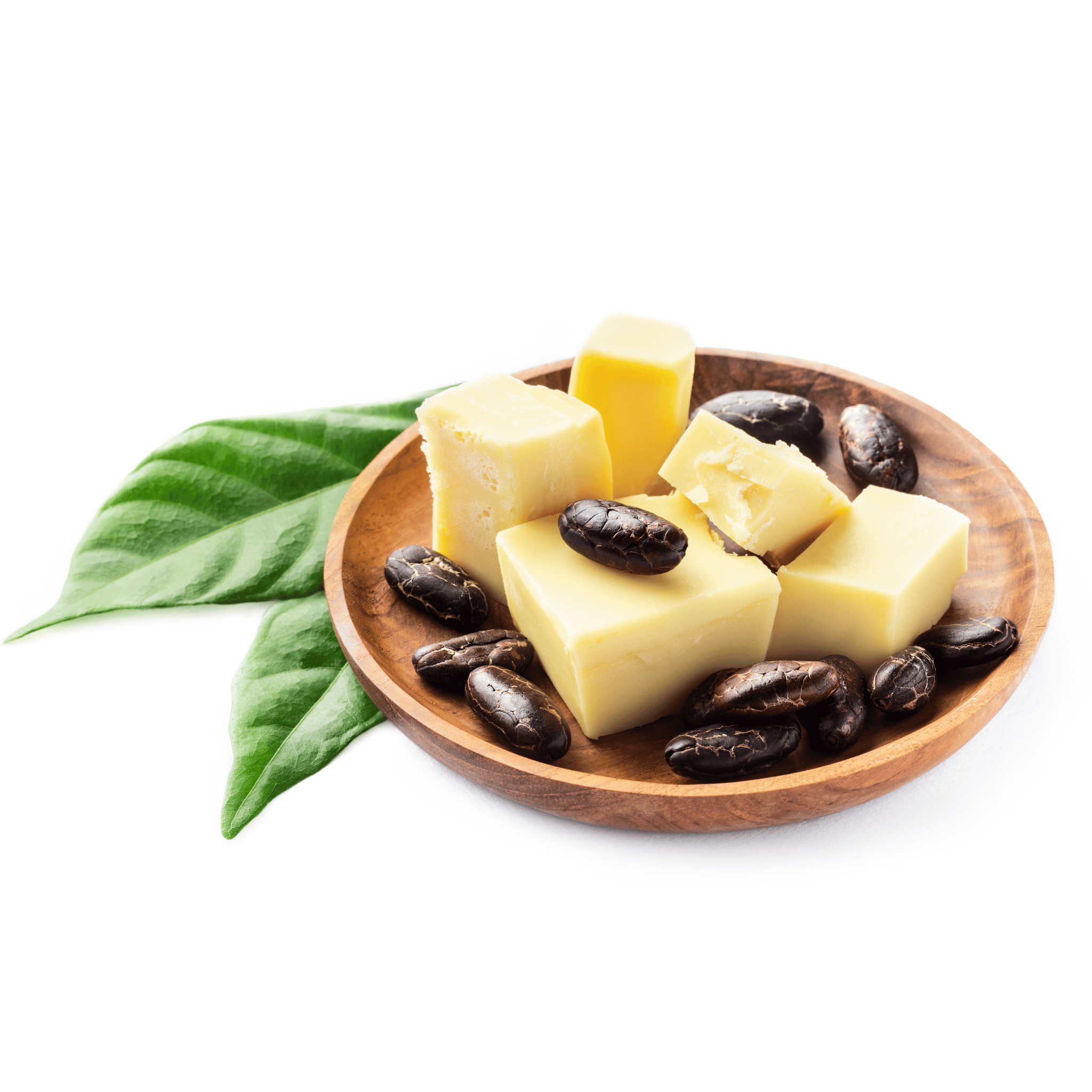 Wooden dish with cocoa butter, cacao beans on a white background