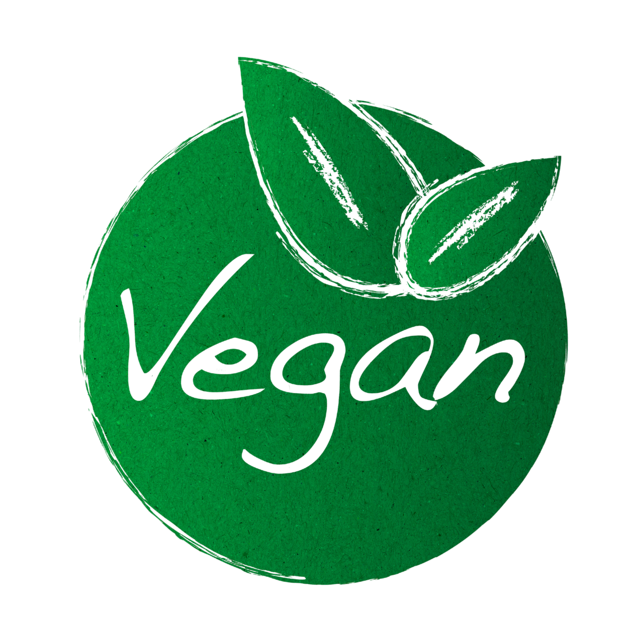 Green round label with 'Vegan' text and leaves on a white background
