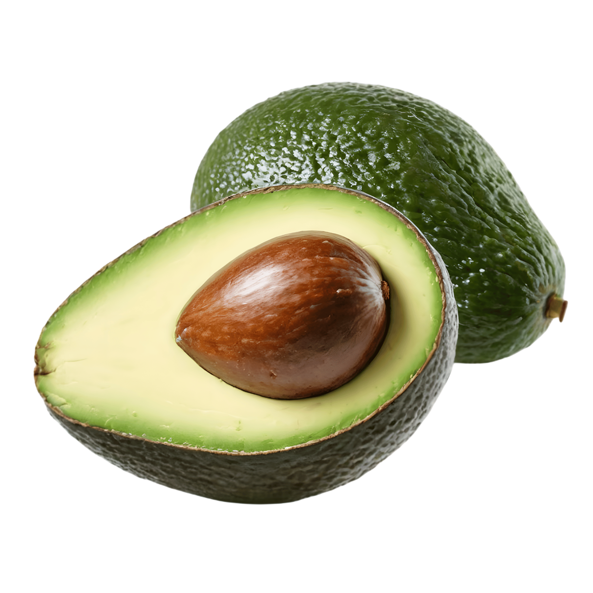 Avocado with a half-cut showing the seed on a white background