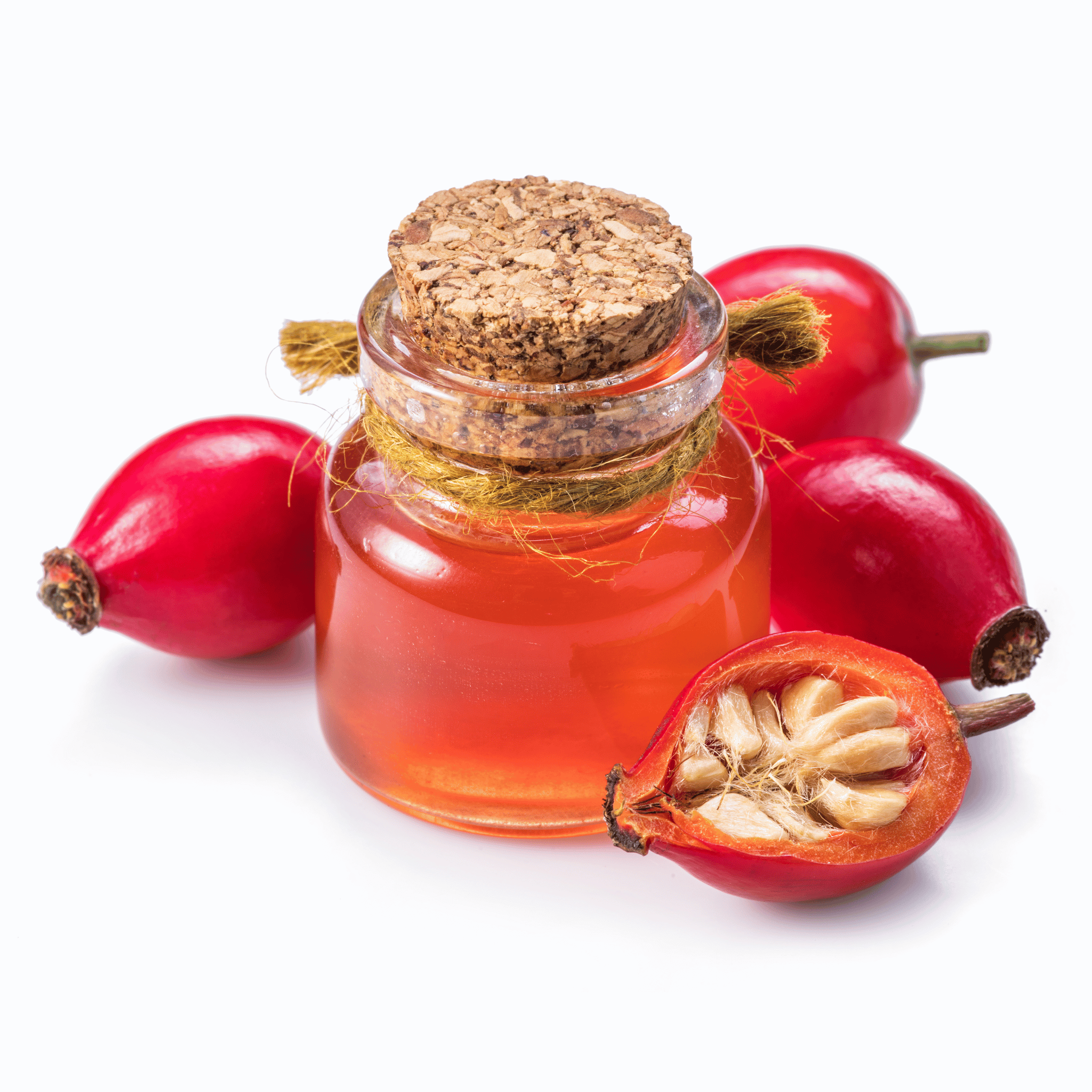 Jar of rosehip seed oil with a cork lid surrounded by rosehips on a white background