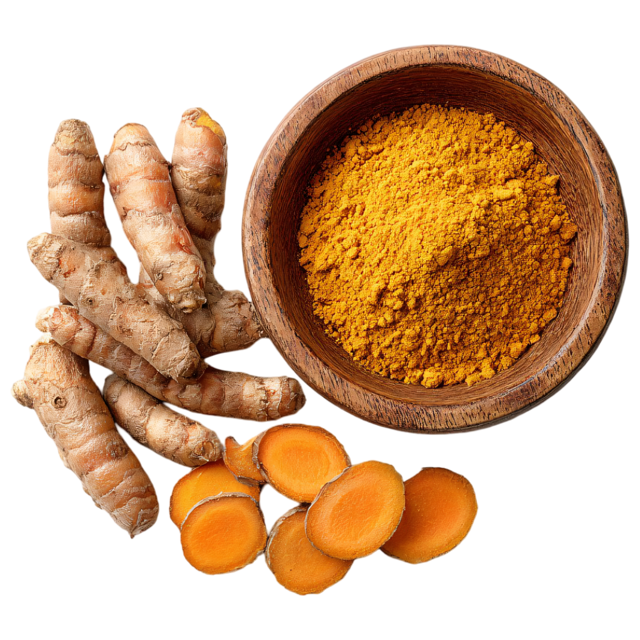 Turmeric roots and ground turmeric powder in a wooden bowl on a white background