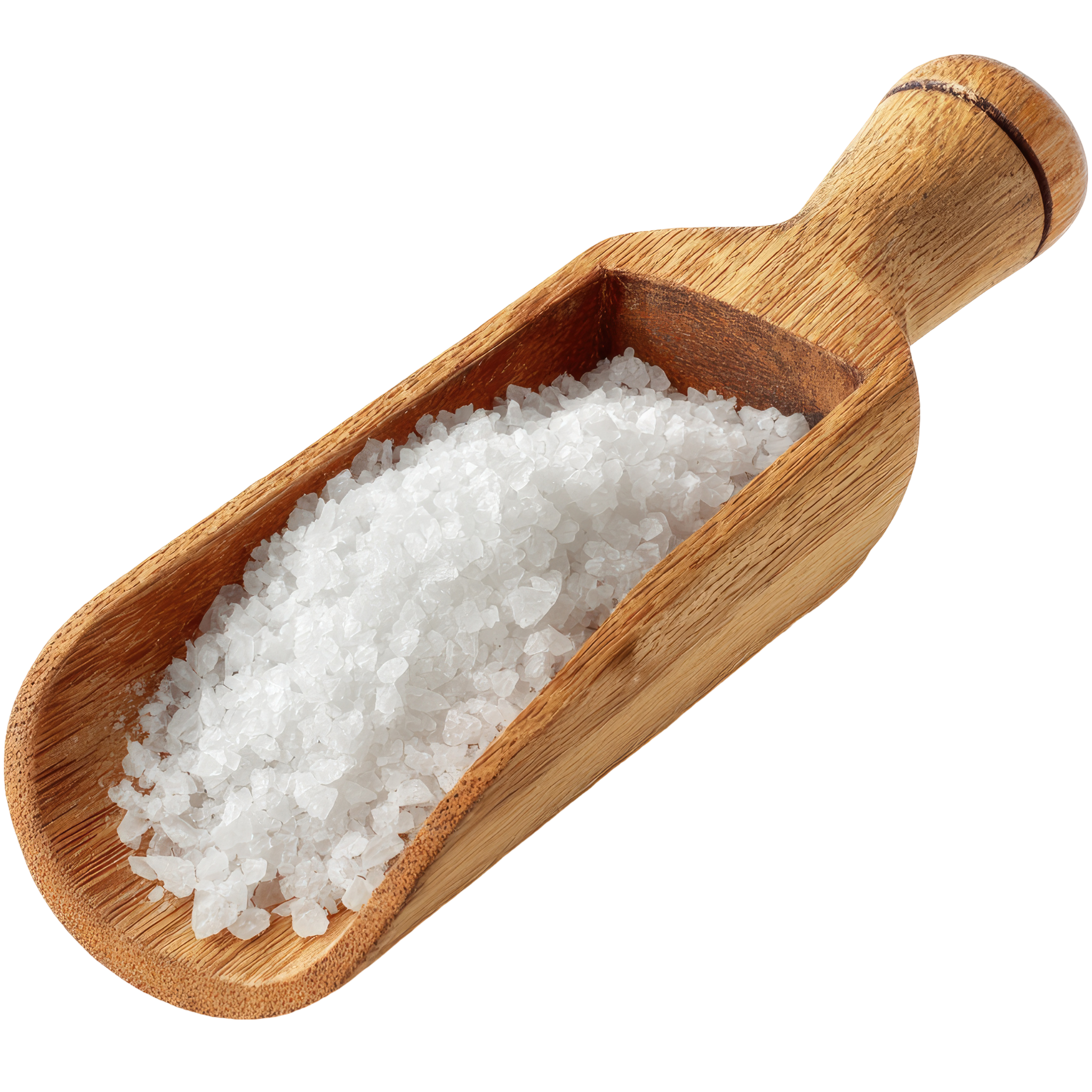 Wooden scoop filled with epsom salt on a white background