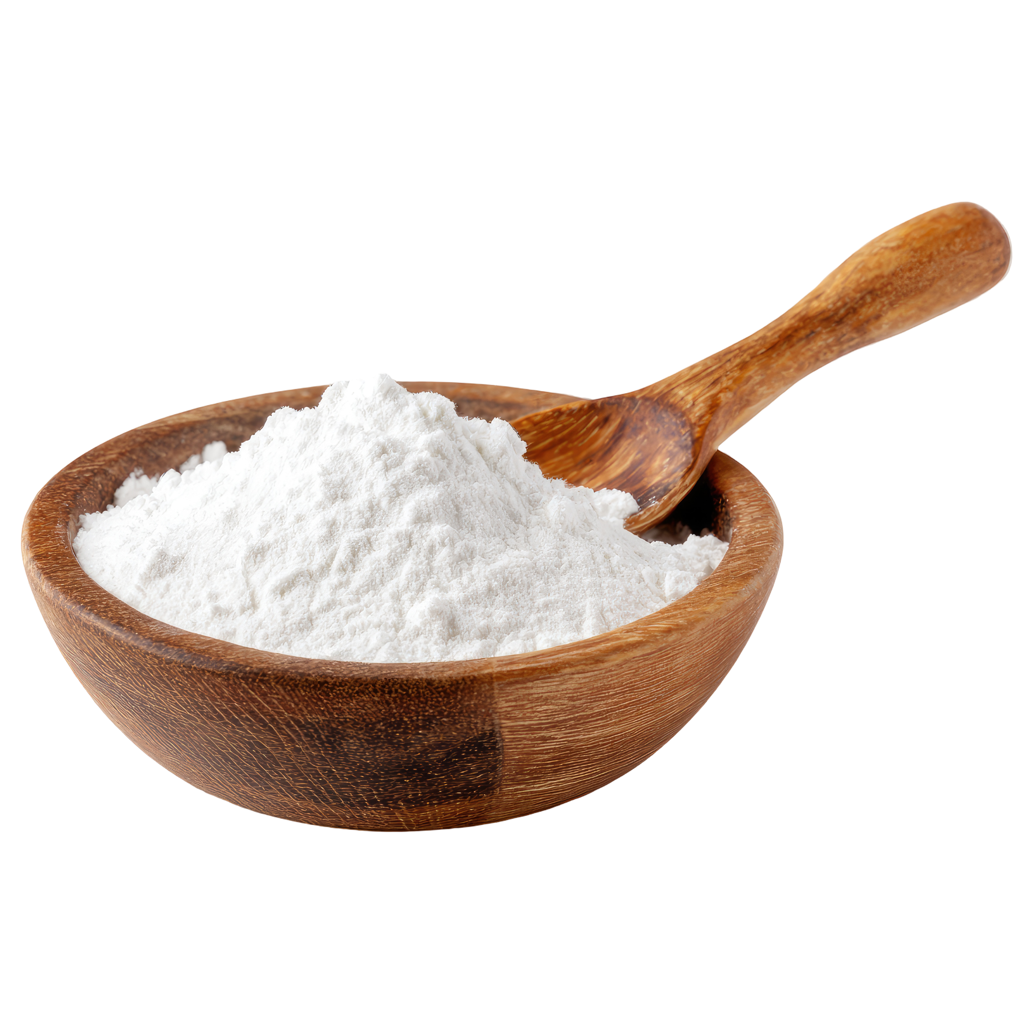 A wooden bowl filled with white Kaolin clay powder and a wooden spoon.