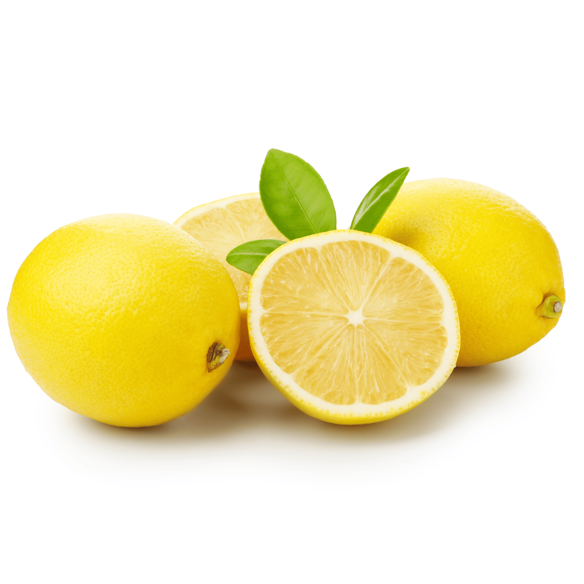 Three lemons with one cut in half on a white background