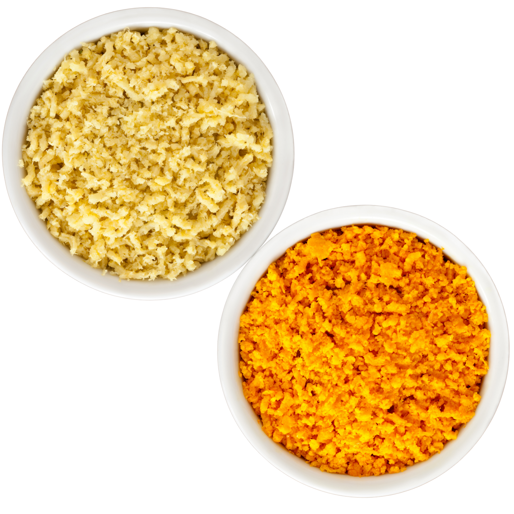 Two bowls, one of lemon peel and the other of orange peel on a white background