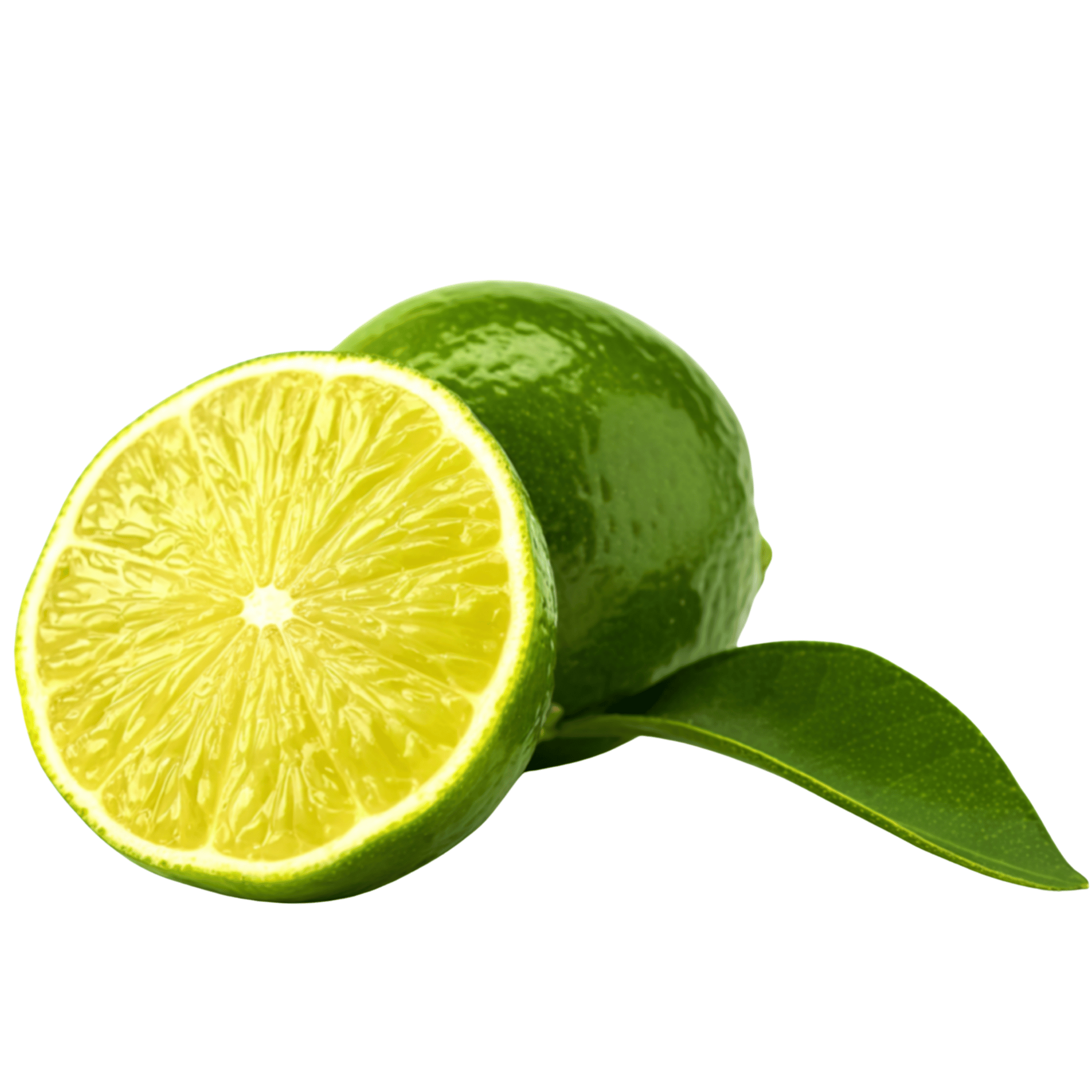 Green lime with a half-cut lime showing its juicy interior on a white background