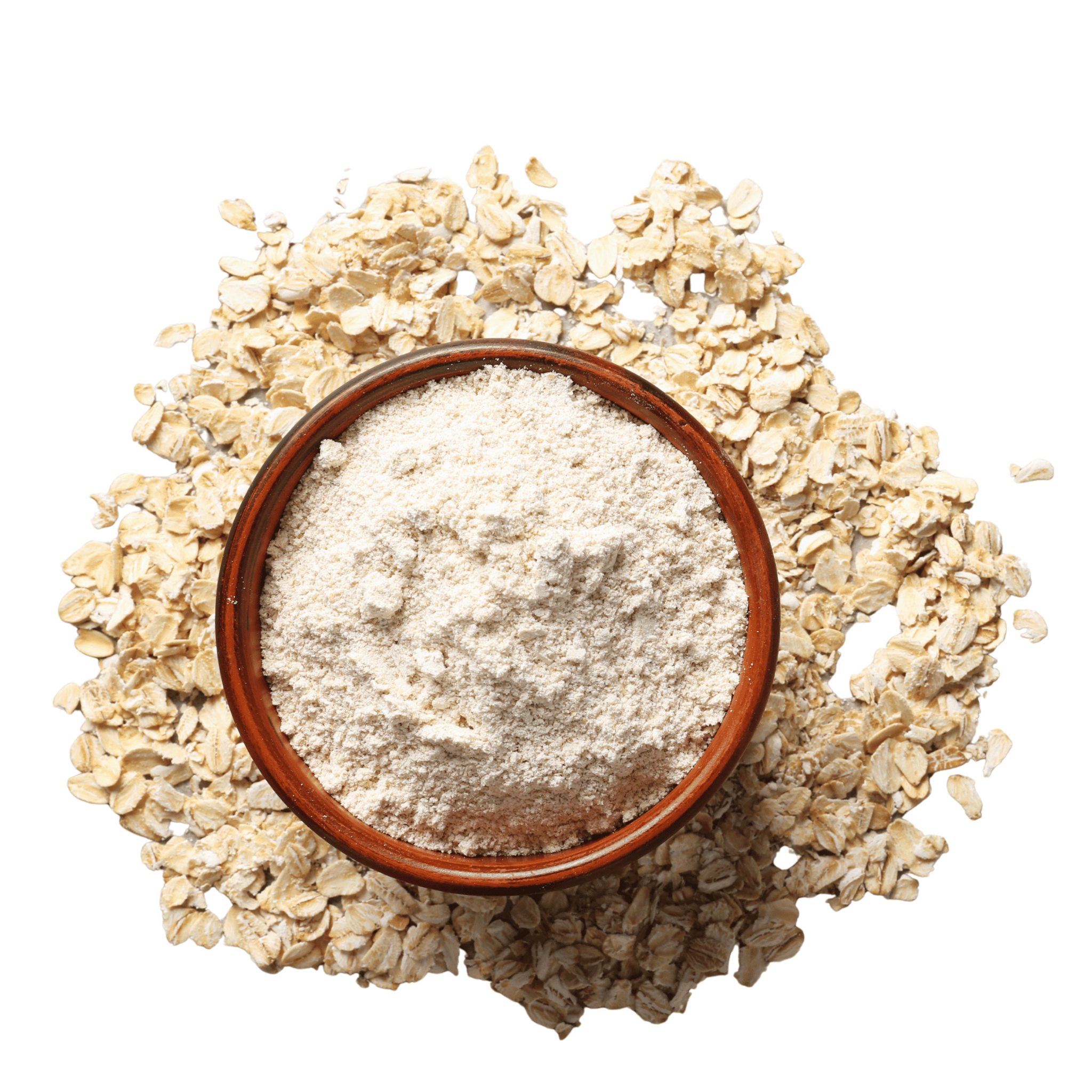 Wooden bowl filled with oat flour surrounded by rolled oats on a white background