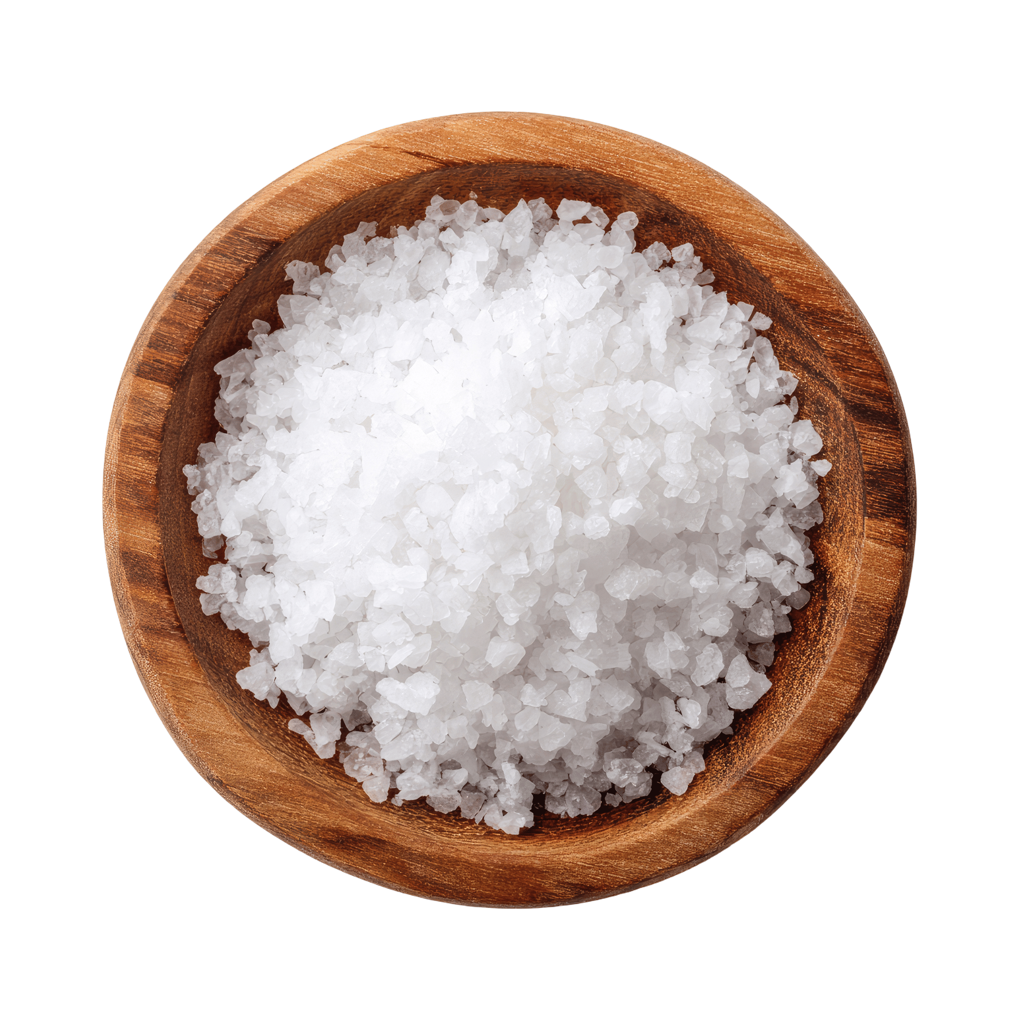 Wooden bowl filled with sea salt on white background.