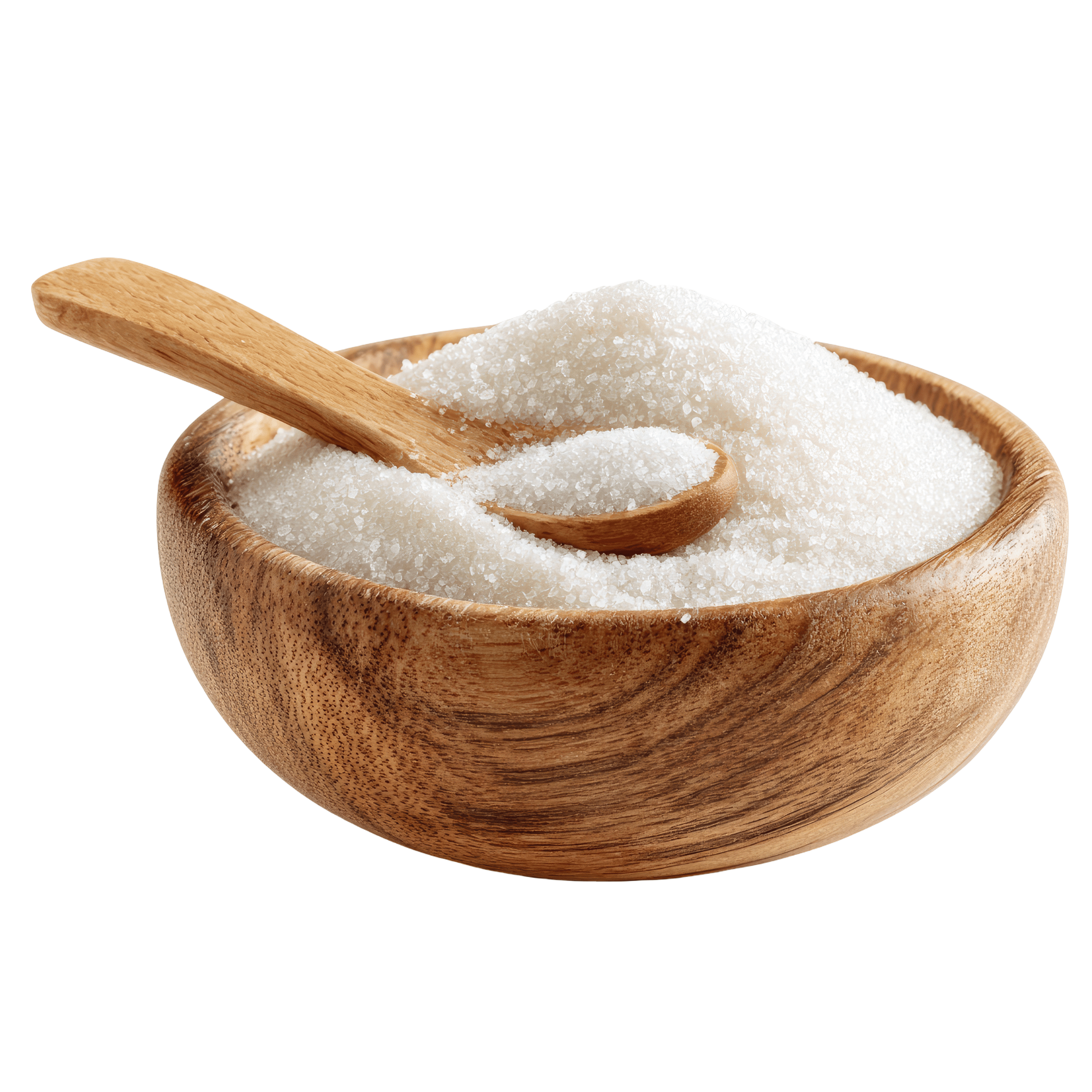 Wooden bowl filled with white sugar and a wooden spoon on a white background