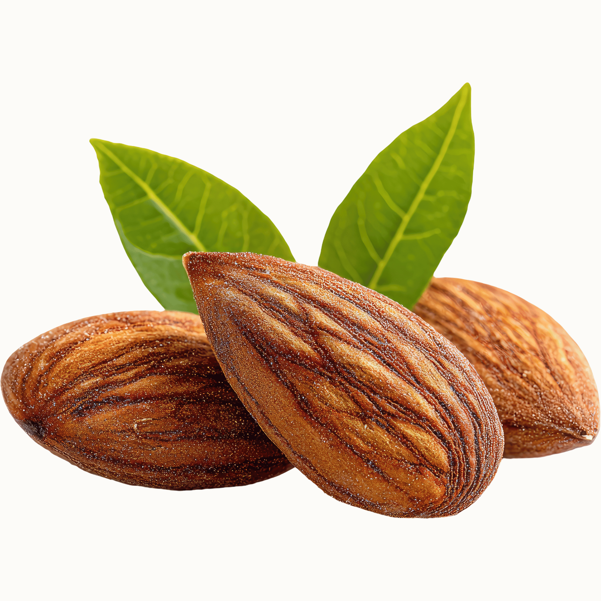 Three almonds with green leaves on a white background